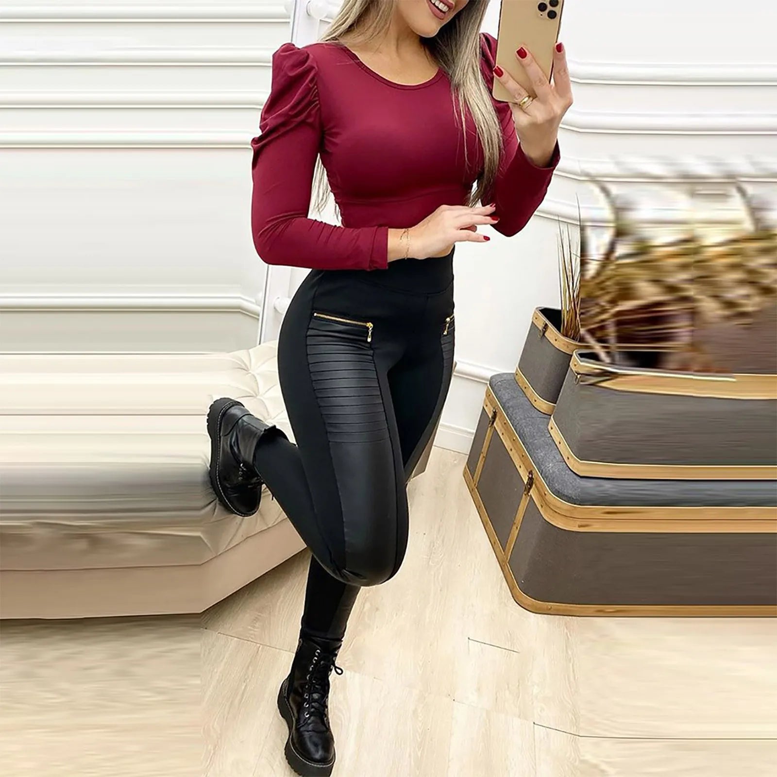 Sexy Fashion Women'S Faux Leather Pants Contrast Zipper Design High Waist Skinny Trousers High Waist Skinny Push Up Leggings