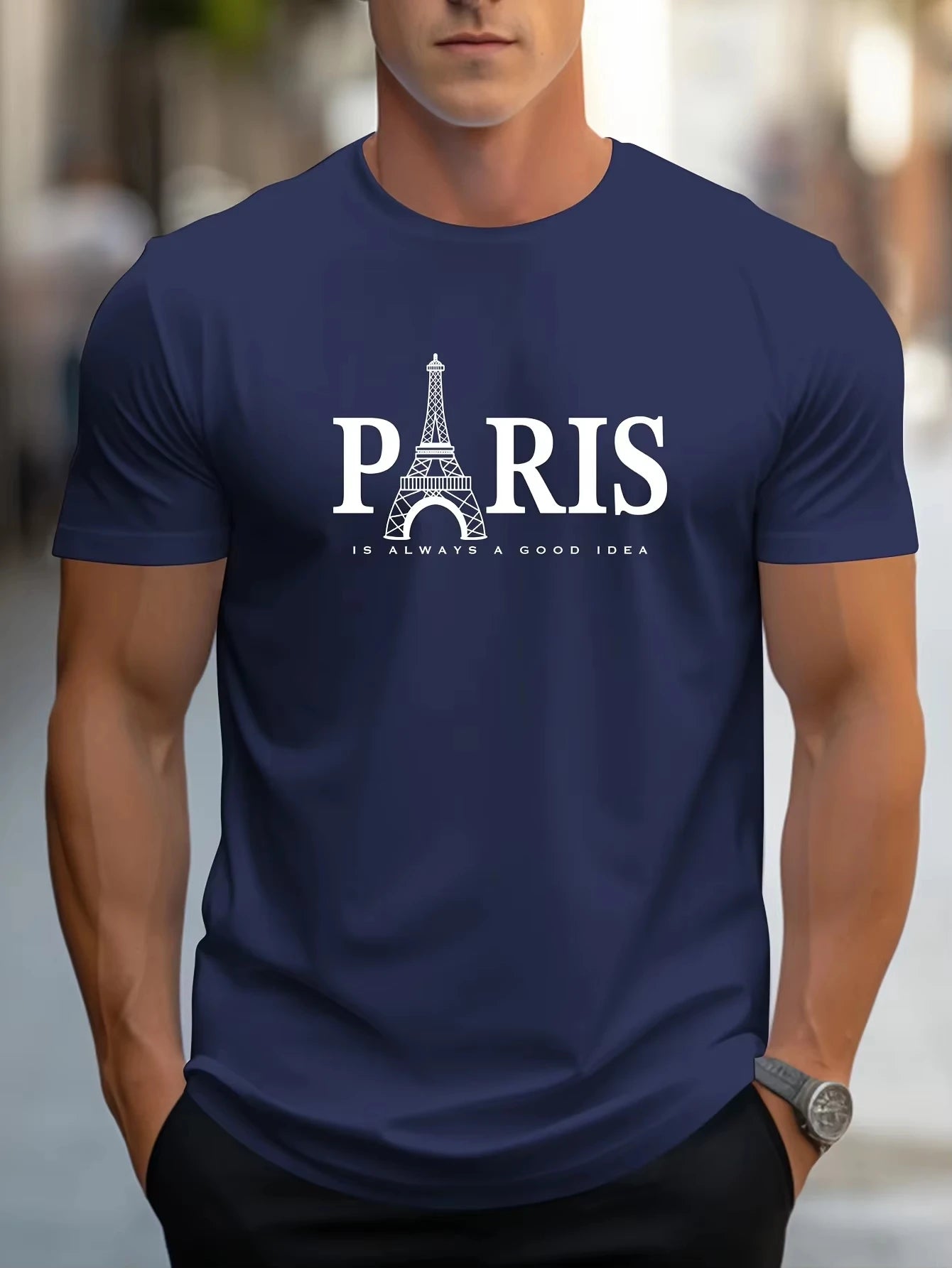 (Uniqlo）Men's 100% Pure Cotton Summer Loose Size Paris Letter Print Comfortable Short Sleeved T-Shirt Top Men Clothing Tshirt