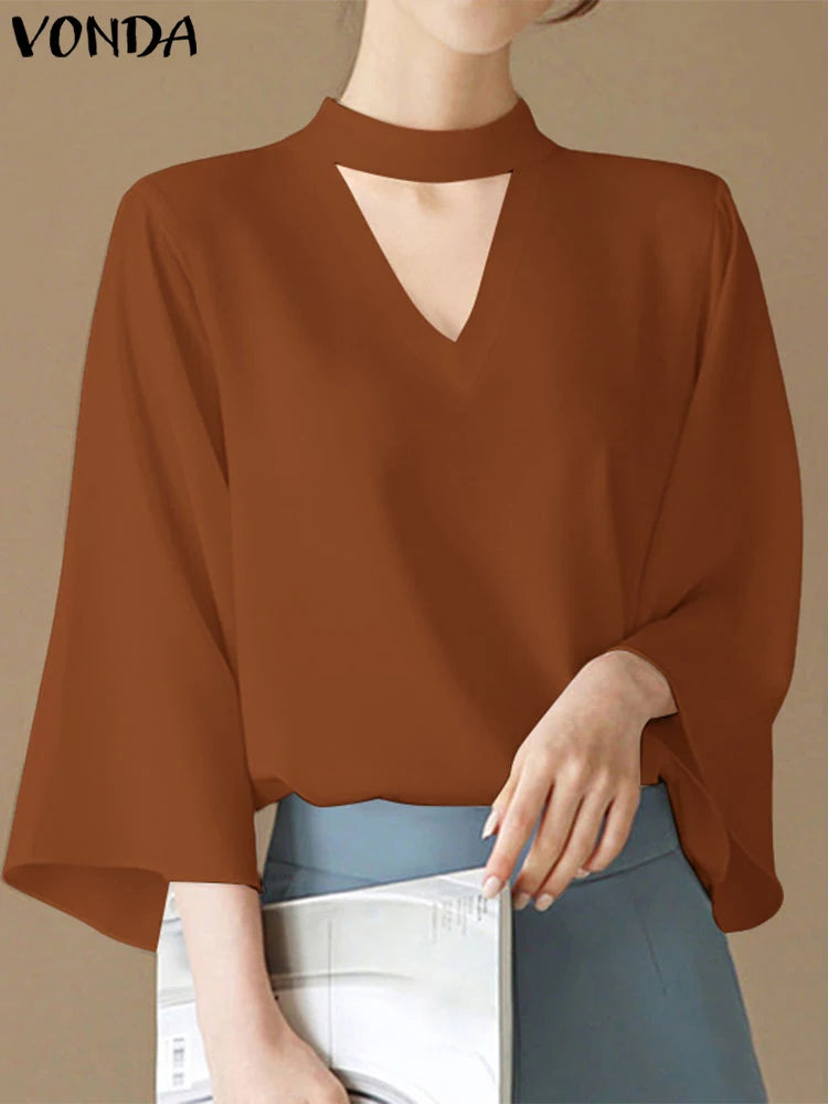 VONDA Plus Size Fashion Blouse Women Elegant OL Shirts Casual Hollow Out V Neck Solid Color Tunic Tops 3/4 Sleeve Blusas 5XL