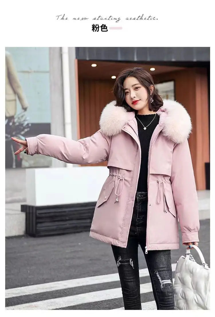 2025 Winter New Korean Edition Loose Thicken Cotton Jacket Women's Big Fur collar Hooded Coat Female Casual Warm Parker Overcoat