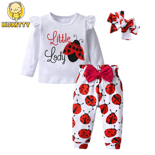 0-2 Years Toddler Baby Girl Spring Autumn Clothes Set Insect Pattern Long Sleeve Top and Pants Headband Three Pieces Outfit Set