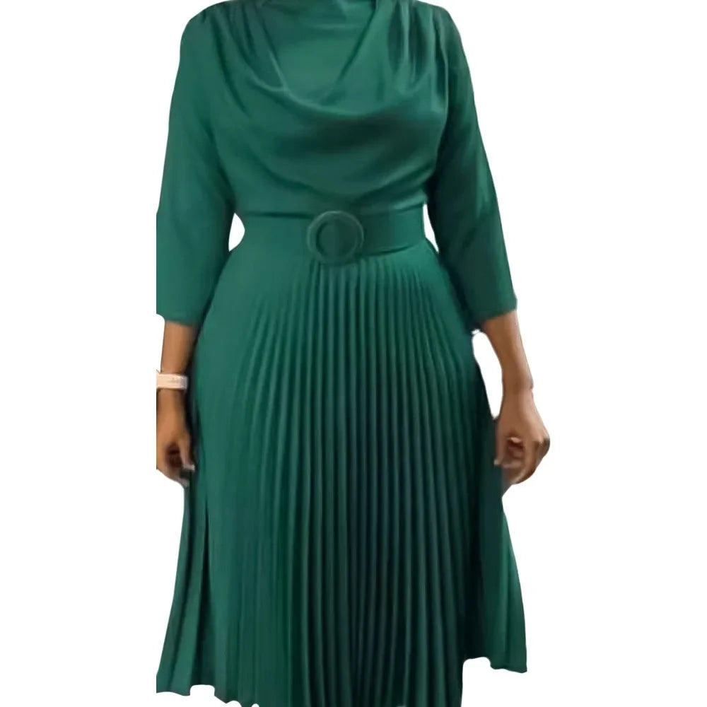 Elegant Pleated Dress for Women Professional Round Neck Full Sleeve Belt Waisted Mid Calf Formal Business Work Dress New