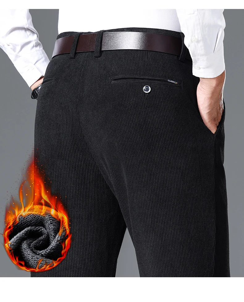 Winter New Corduroy Thick Pants Men's Fleece Fashion Business Straight Trousers Brand Comfortable Velvet Warm Plush Loose Pants