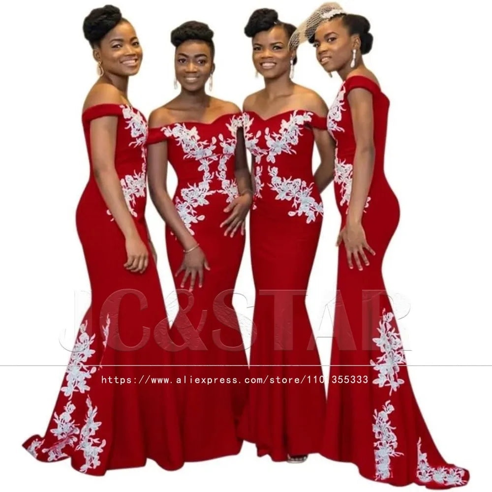 Burgundy Womens Off The Shoulder Mermaid Bridesmaid Dresses for Wedding Lace Satin Prom Dresses Long Formal Evening Gowns Africa