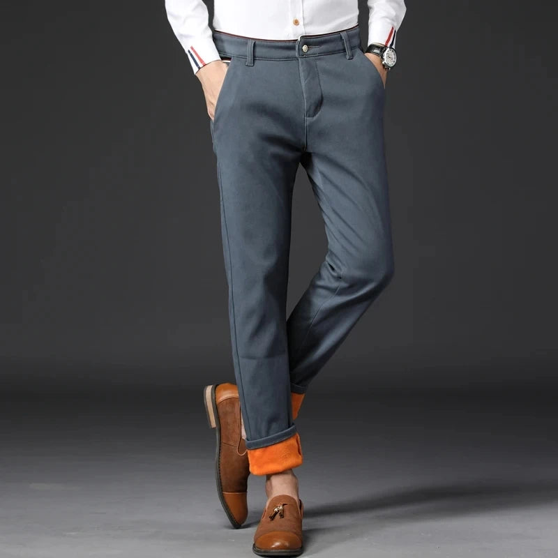 Winter Men Korean Fashion Straight Leg Pants Winter Snow Warm Thermal Thicken Casual Pants New Fleece Slim Fit Business Trousers