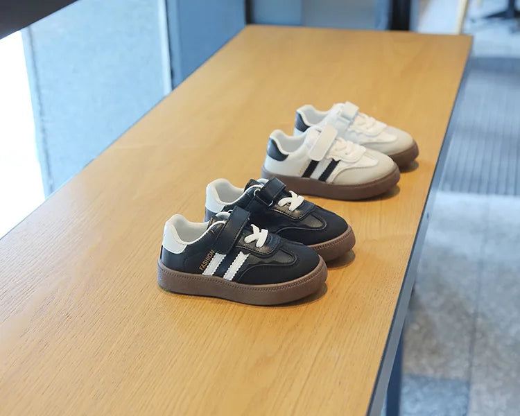Children Spring Autumn Fashion Soft Soled German Training Shoes Boy Casual Board Shoes Girls Velcro Sneakers Striped White Shoes