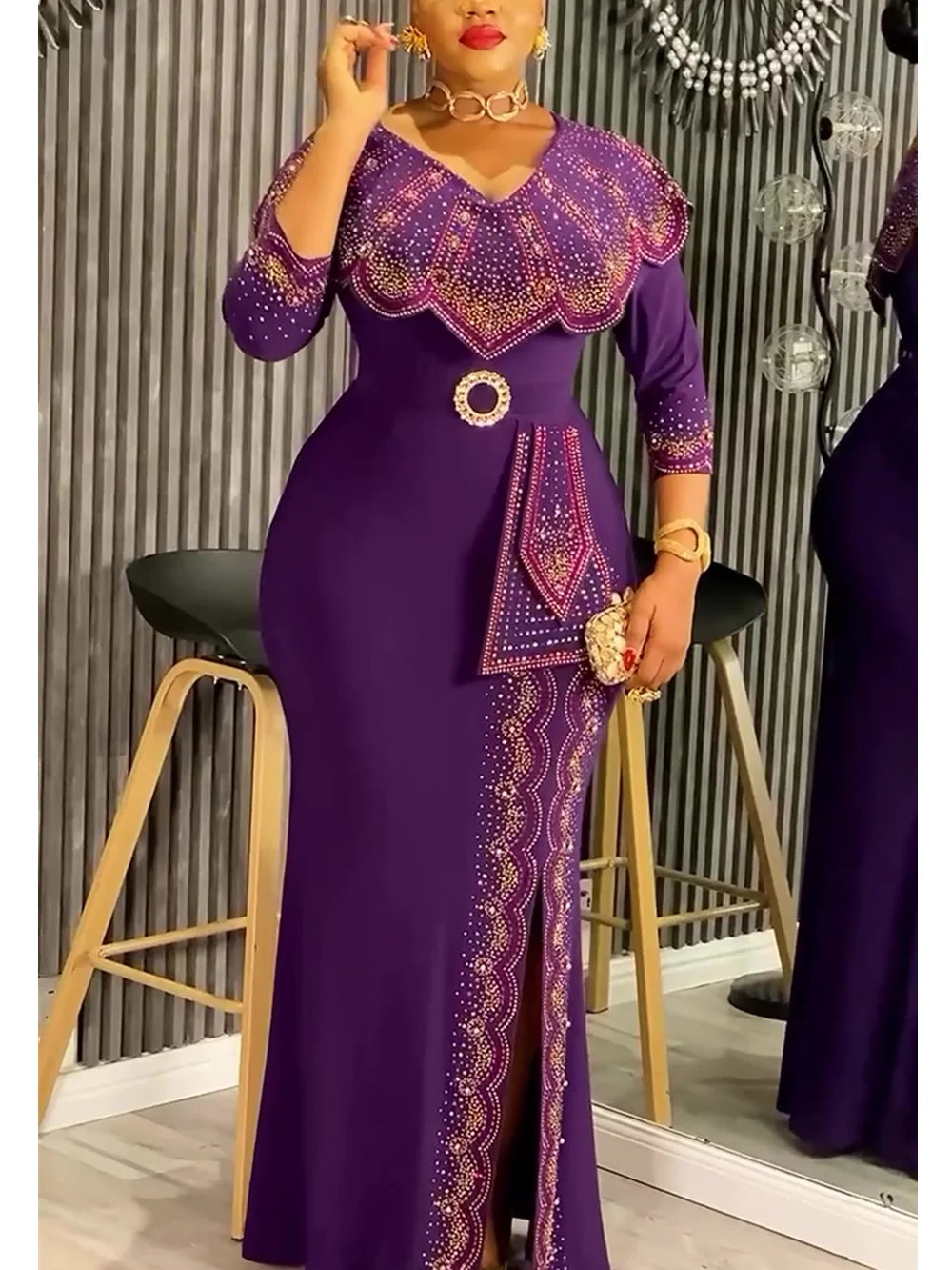 Plus Size African Party Dresses for Women Dashiki Diamond Bodycon Slit Long Dress Elegant Turkey Muslim Wedding Evening Gown