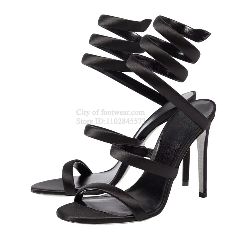 Metallic Leather Ankle Snake Warp Sandals Women's Summer Colorful Sexy Open Toe Sexy High Heels Luxury Designer Party Shoes