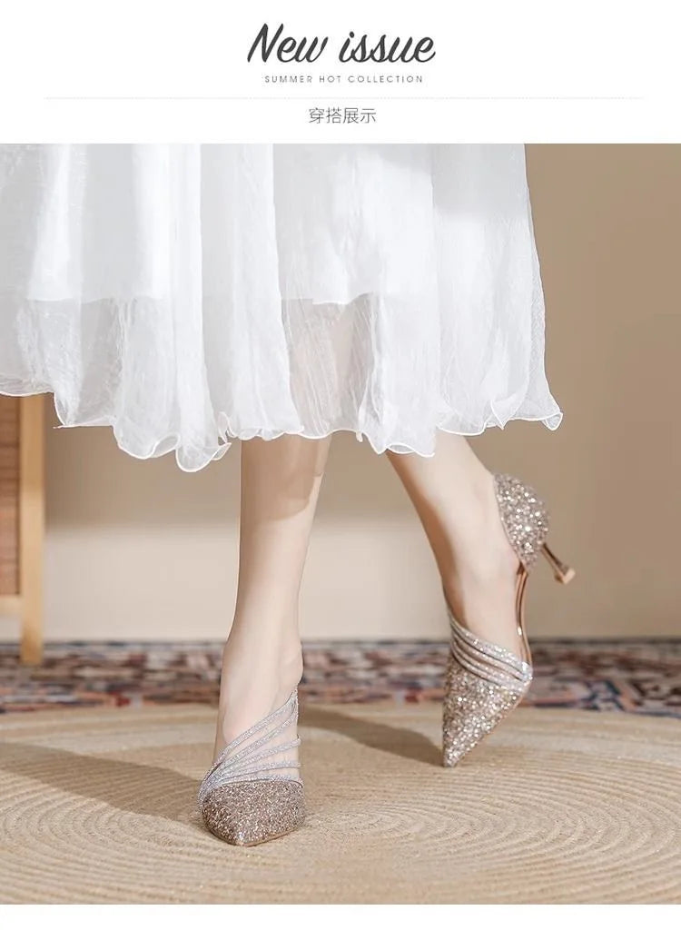 Sexy Pointed Toe Champagne Ladies High Heels New Shiny Crystal Wedding Bridal Shoes Simple and Elegant Women's Dress Shoes