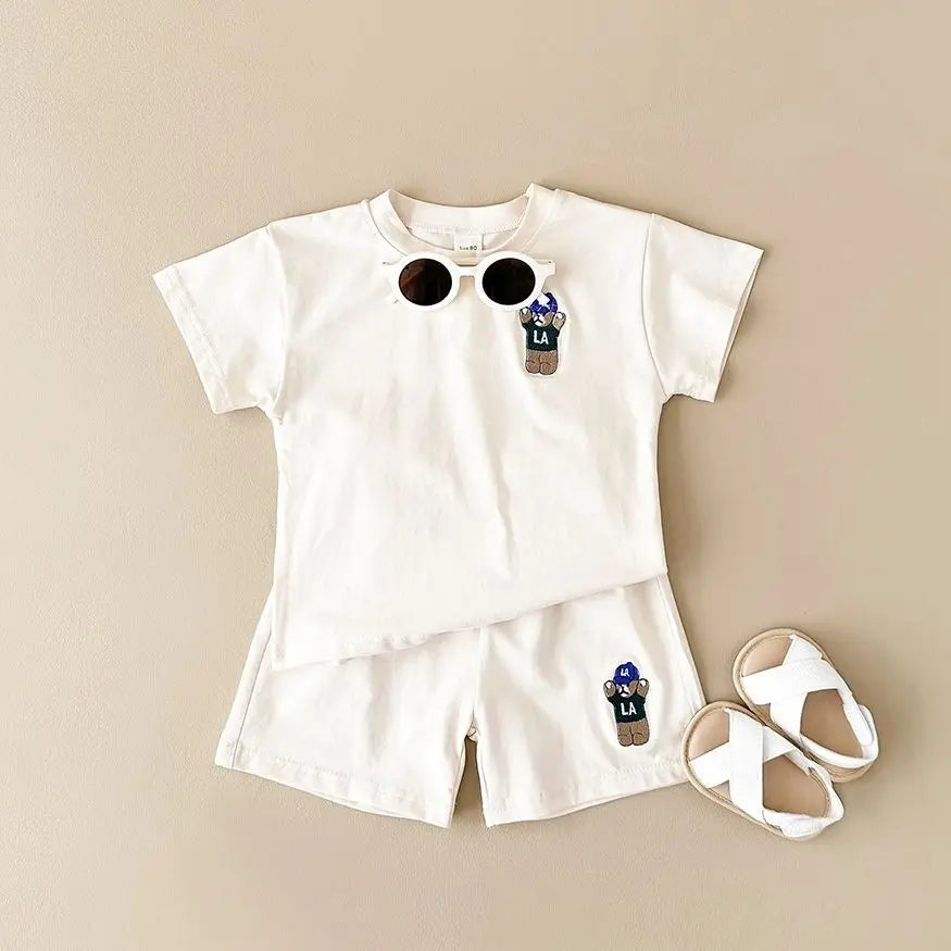 INS Summer Baby Boys Clothes Baby Girls Suit Bear Embroidery Thin Sports T-shirt Baby Cotton Infant Outfit Set Children Clothing