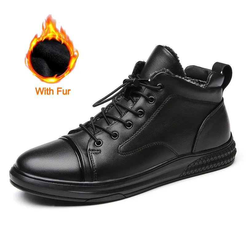 Genuine Leather Men's Casual Shoes Fashion High Top Sneakers Shoes Winter Wool Fur Warm Men Boots Outdoor Snow Non-Slip Footwear