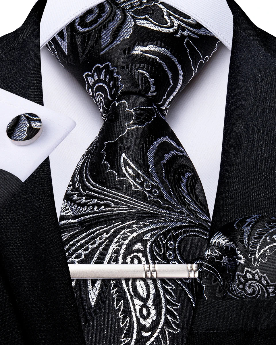 Men's Tie Set with Clip Luxury Retro Striped Floral 8cm Necktie Handkerchief Cufflinks Wedding Party Business Accessories Gift