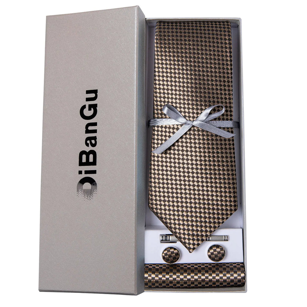 Solid Black Plaid Men's 8cm Polyester Neck Tie Handkerchief Cufflinks Set with Gift Box Tie Clip Birthday Anniversary Gift