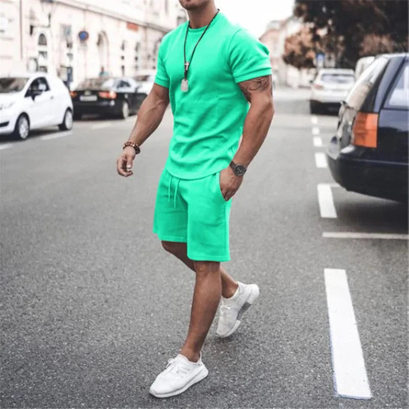 Solid Color Europe and The United States Men's 13 Color Summer New Short Sleeve Tshirt +Shorts 2pcs Set Leisure Sports Men Suit