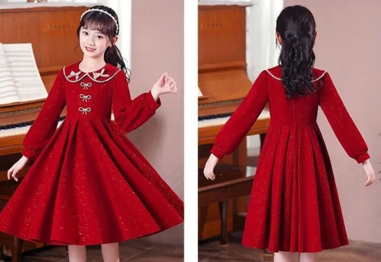Girls' 2025 Spring New Arrival Long Sleeve Sweet Princess Gown - Trending Chic Dress for Big Kids 4-12 Years Old