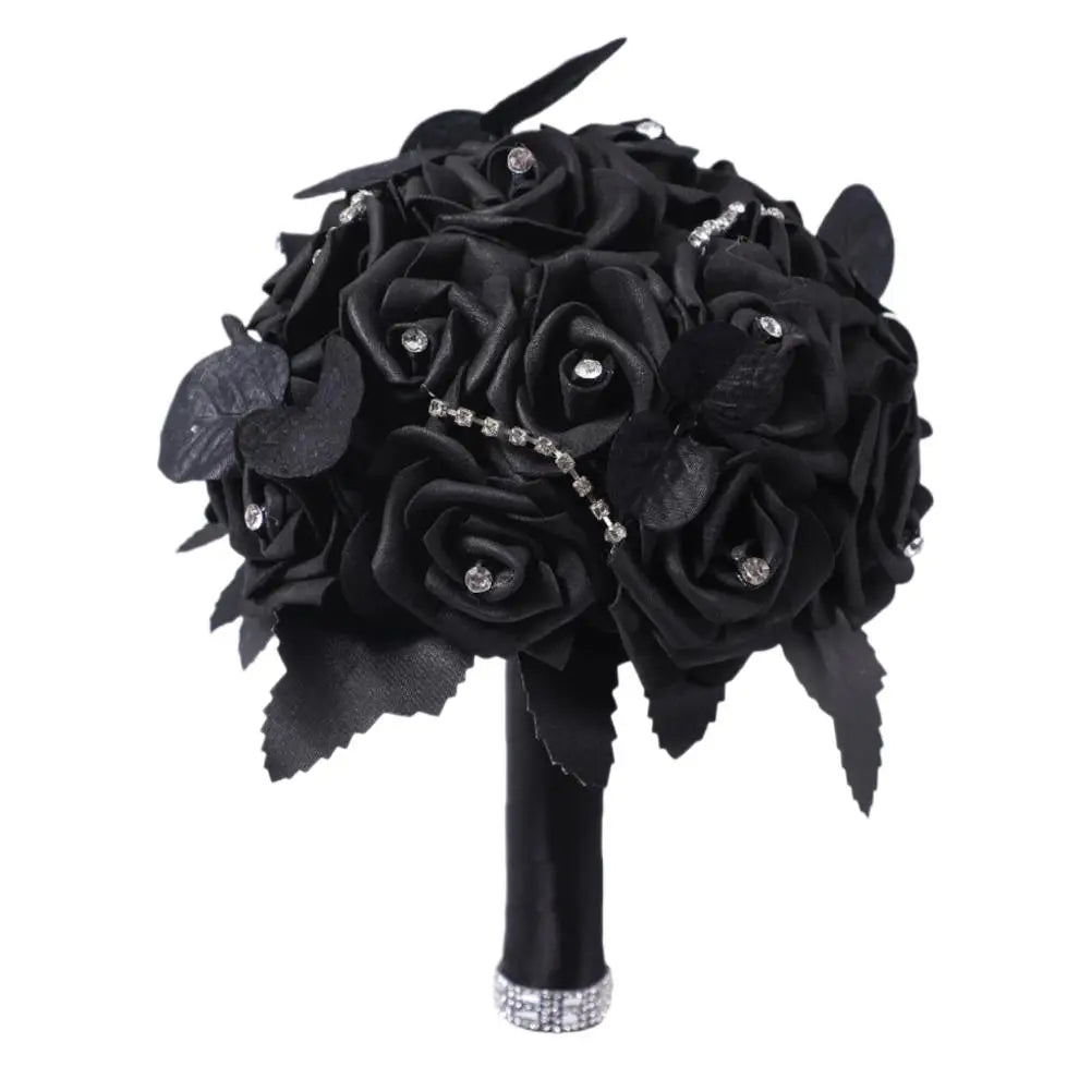 Yannew Black Burgundy Gothic Bridal Bouquets for Bride Bridesmaids Artifiicial Silk Foam Roses Flower Wedding Bouquet Halloween