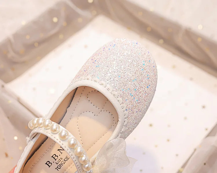 Girls Oxfords Bling Shoes Spring Autumn Kids School Dancing Shoes Pearl Beadings Big Girls Soft PU Leather Shoes Pink, Beige