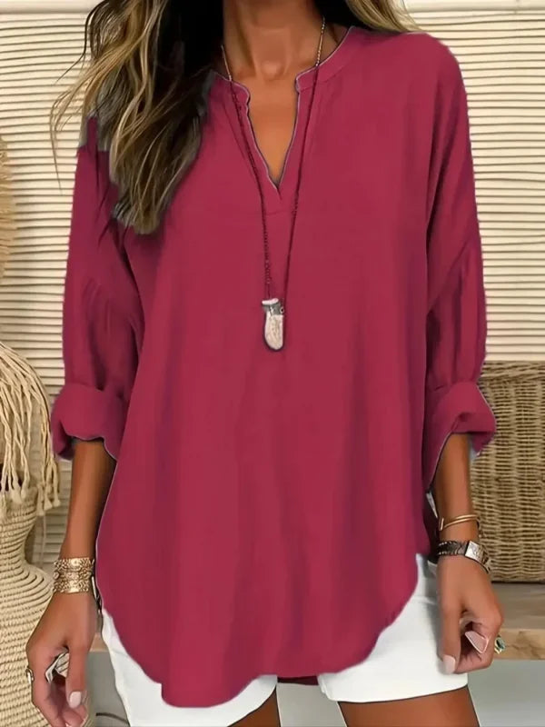 Plus Size 1XL-5XL Women Casual Solid Color Blouse Ladies Fashion Loose Tops V-neck Blouse Long Sleeve Shirt