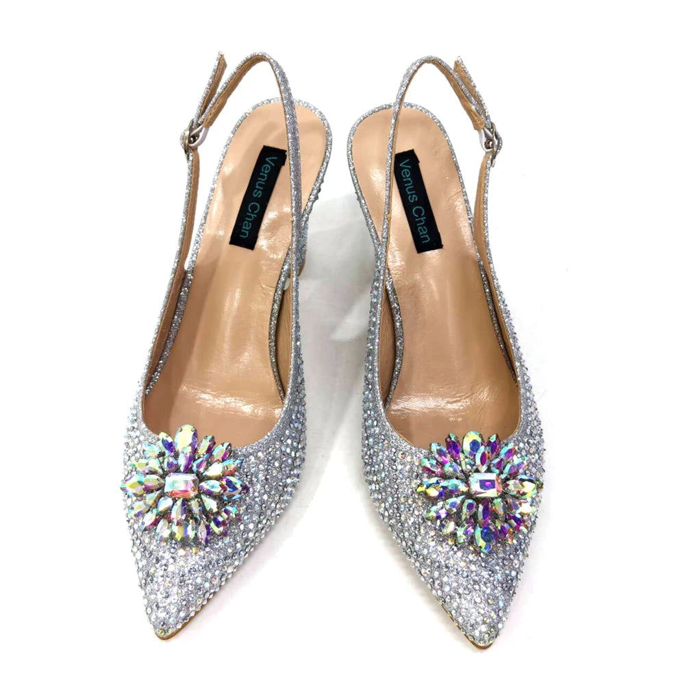 Venus Chan Nigerian Women Heel Party Ladies Italian Design Shoes And Bag Set Decorated with Rhinestone Handbag Wedding Party
