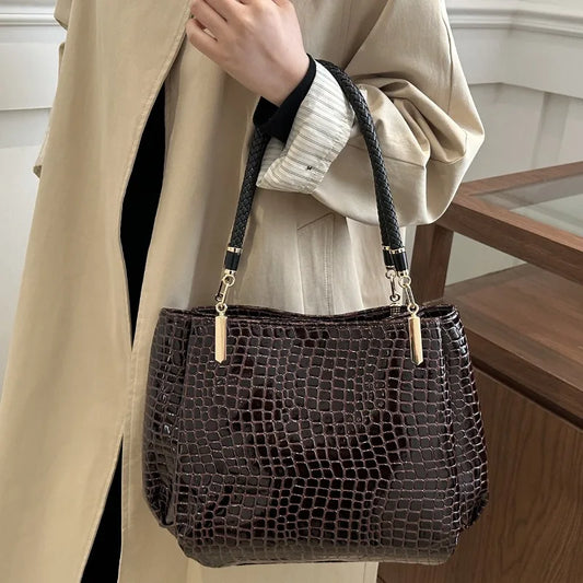 Classic Stone Texture Top-Handle Bag with Crocodile Print Elegant Shoulder Bag for Sophisticated Women in Europe and America