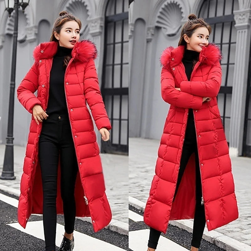 2025 Winter Women's Jacket Warm Fashion Comfortable Bow Belt Fox Fur Collar Clothes Long Dress Office Casual Women's Thick Coat
