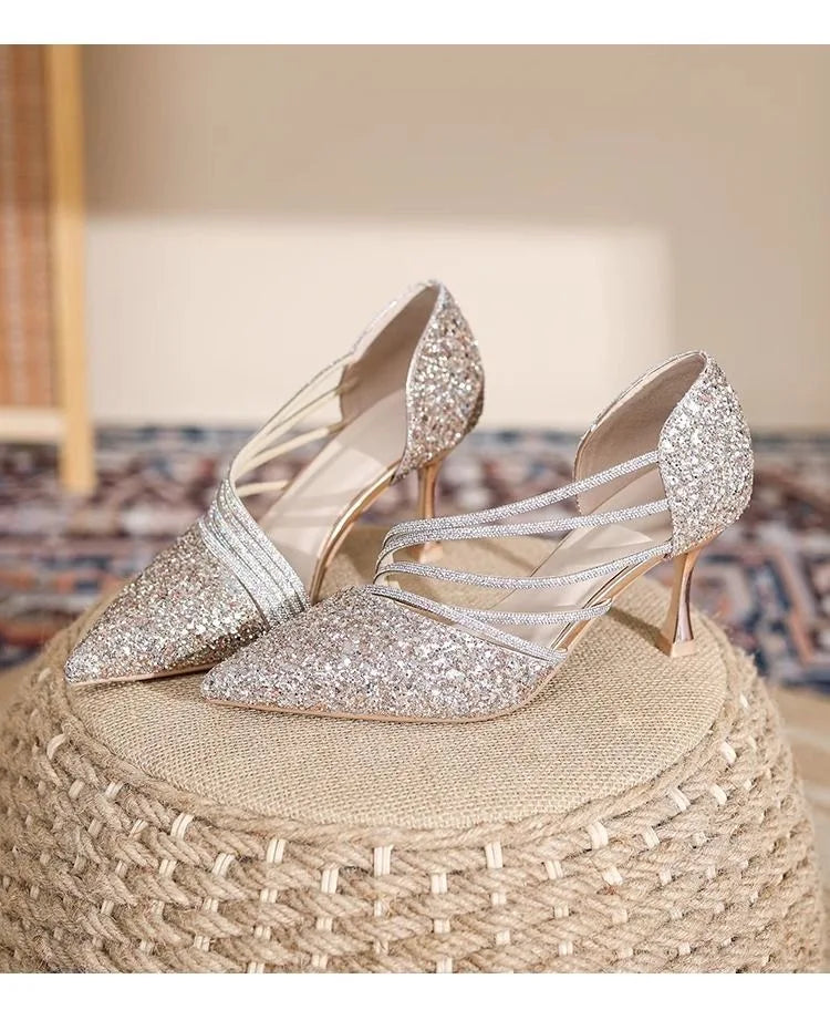 Sexy Pointed Toe Champagne Ladies High Heels New Shiny Crystal Wedding Bridal Shoes Simple and Elegant Women's Dress Shoes