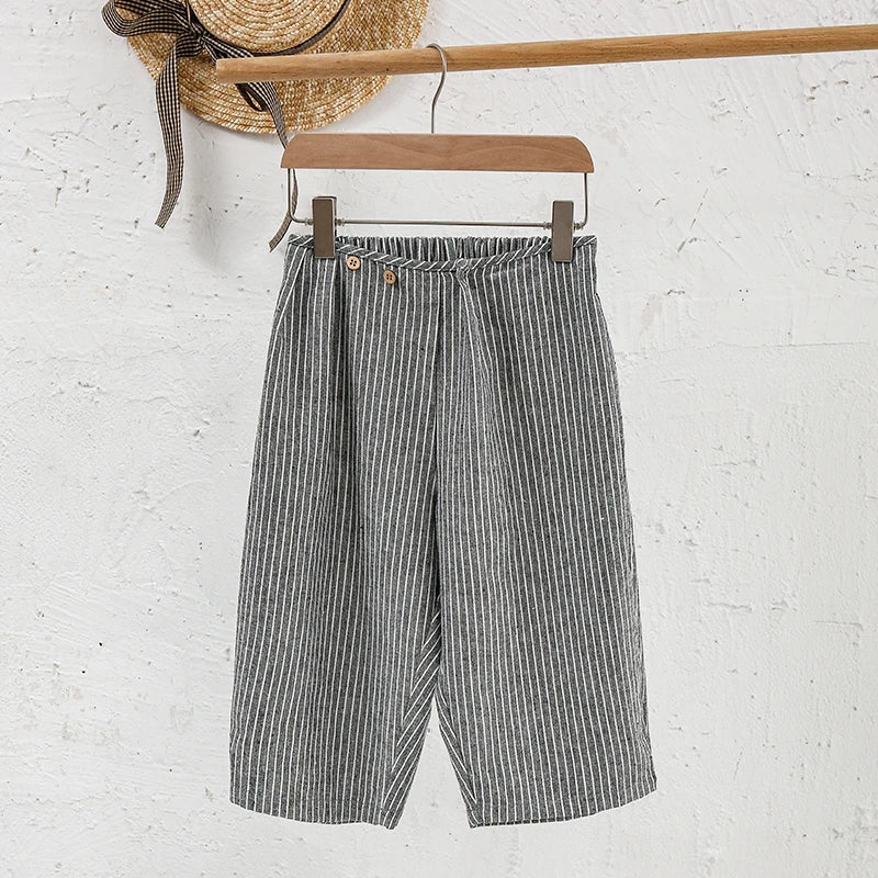 Children's Retro Striped Cotton And Linen Pant Spring Autumn New Japanese Boys And Girls Casual Loose Wide-Leg Pants WTP122