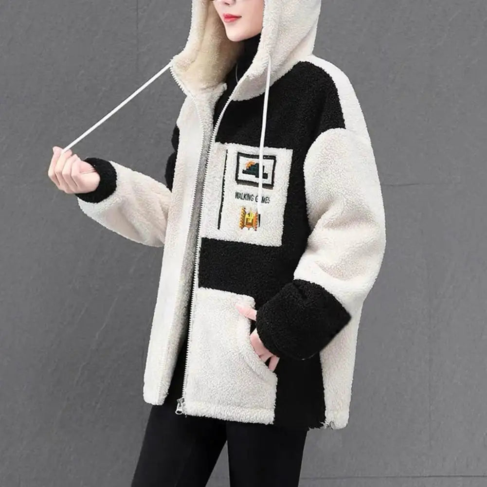 Women Autumn Winter Jacket Hooded Colorblock Thick Plush Long Sleeve Letter Embroidery Drawstring Cardigan Lady Mid Length Coat