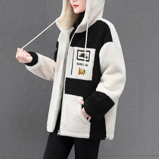 Women Autumn Winter Jacket Hooded Colorblock Thick Plush Long Sleeve Letter Embroidery Drawstring Cardigan Lady Mid Length Coat