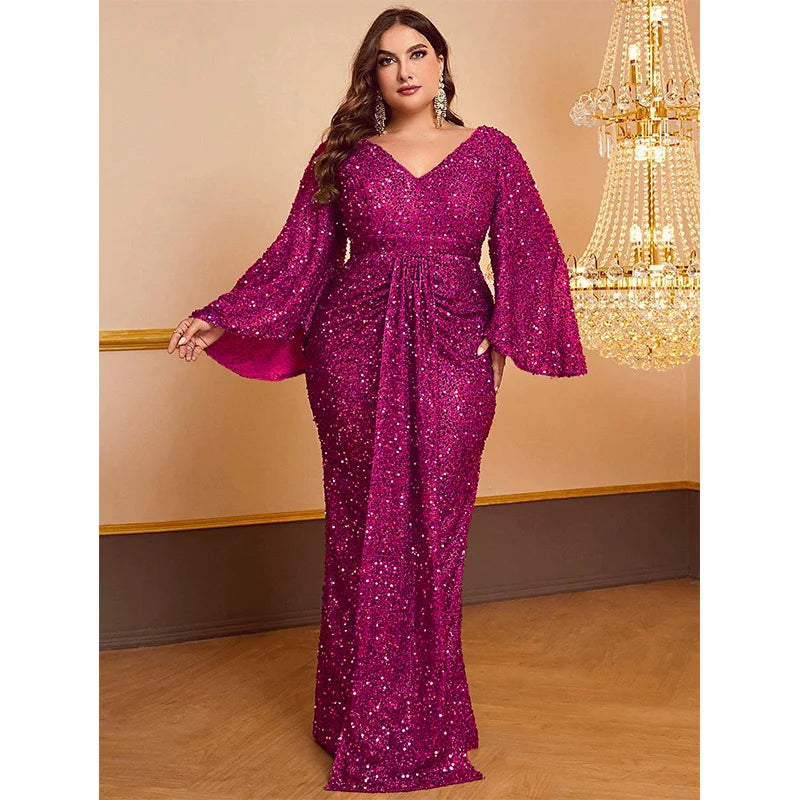 Plus Size Women's Long Sequin Dress, Plus Size, V Neck, Apricot, Shiny, Loose, Autumn, Evening Dress, Long Sleeve, 5XL, 6XL