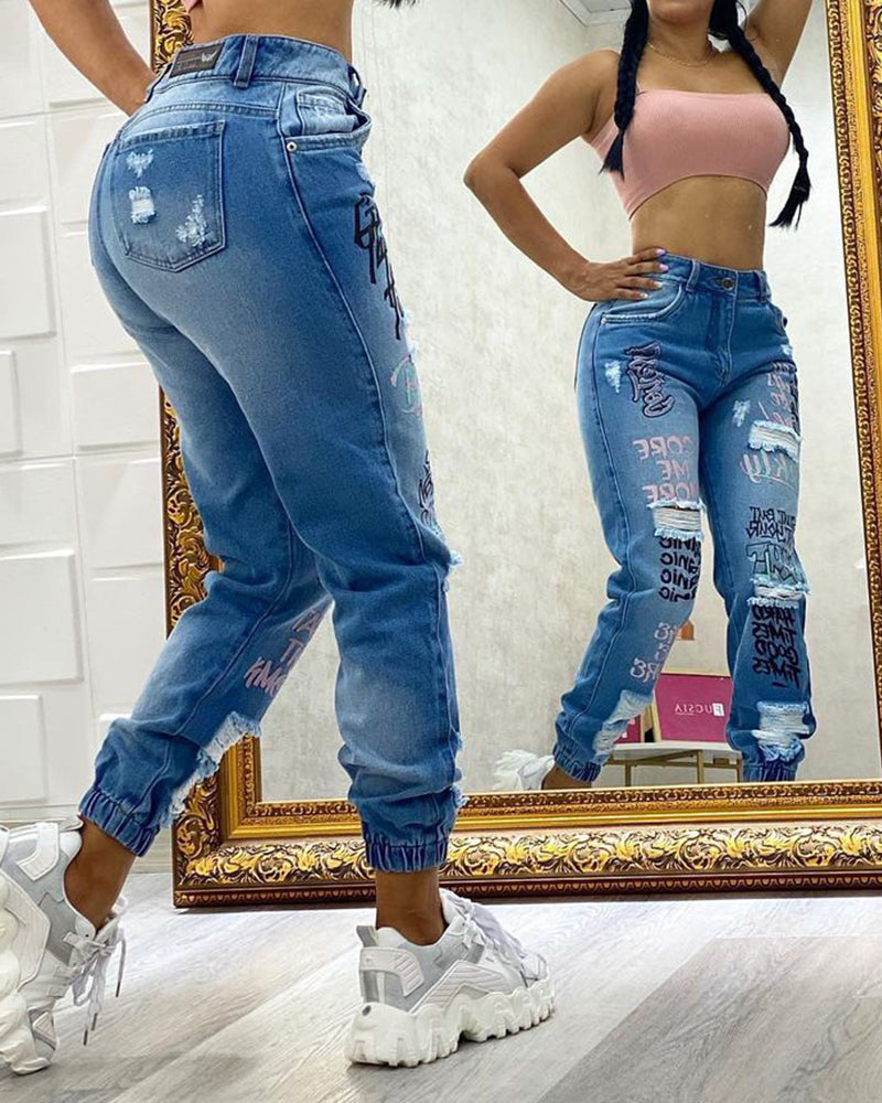 2024 New Letter Print Slant Pocket Ripped Jeans Casual Jeans Women