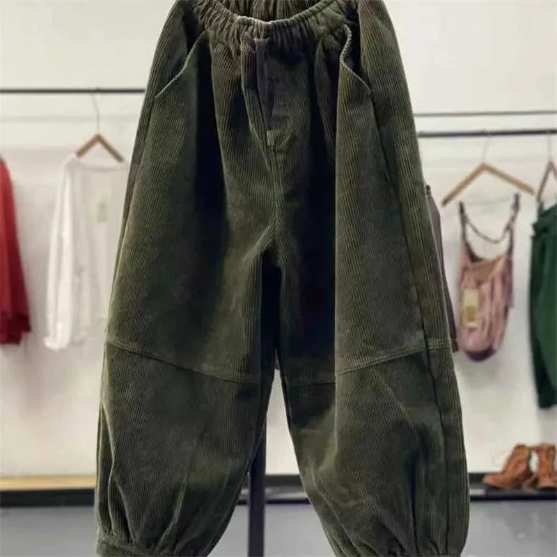 Ladies Large Size 4XL Corduroy Pantalons 2024 Female High Waist Add Velvet Casual Trousers Winter Women Loose Fit Lantern Pants