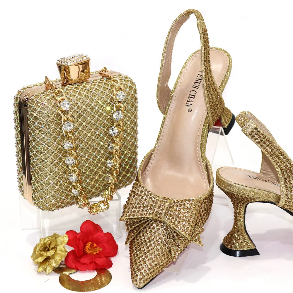 Venus Chan Bridal High Heels for Women 2023 Pointed Toe With Bows Gold Color Rhinestone  Elegant Party Wedding Shoe and Bag Set