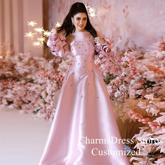 Pink Arabic Evening Dress Customized Boat Neck Flowers Long Sleeves Crystal A Line Satin Prom Gown Special Occasion Dresses