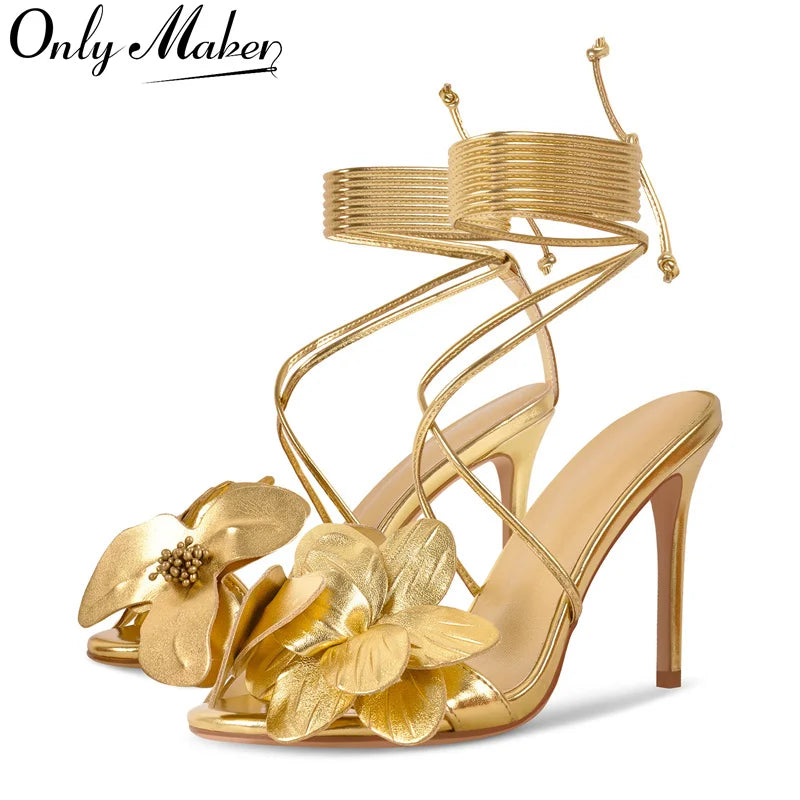 Onlymaker Women Gold Flower Round Toe Stiletto Sandals Party  Ankle Strap High Heel For Wedding Party Prom Bridal Sandals