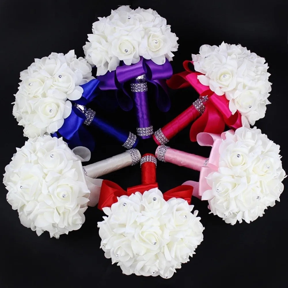 Romantic Rose Flower Bouquet PE Flower Satin Bridal Wedding Bouquet Simulation Artificial Rose Flower Bridal Wedding