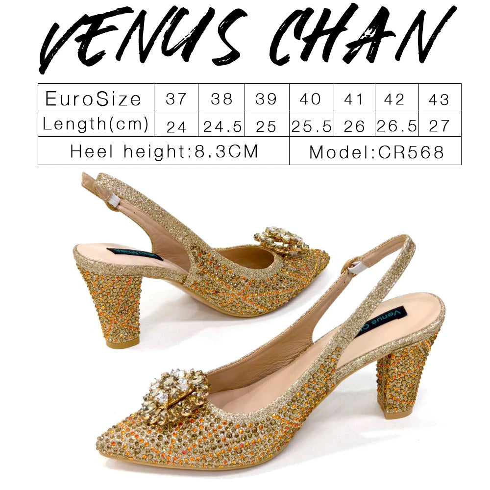 Venus Chan Nigerian Women Heel Party Ladies Italian Design Shoes And Bag Set Decorated with Rhinestone Handbag Wedding Party