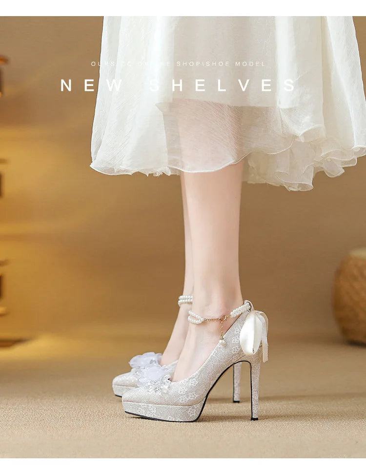 High heels, women's wedding shoes, Hexiu, two pairs of thick heels, beautiful ankle rings, pearl straps, bridal shoes