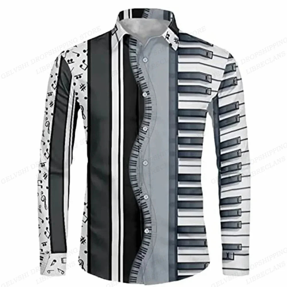 Long Sleeve Hawaiian Shirts Men Fashion Music Hawaii Shirt Instrument Beach Blouses Single Breasted Camisas Men's Clothing Aloha