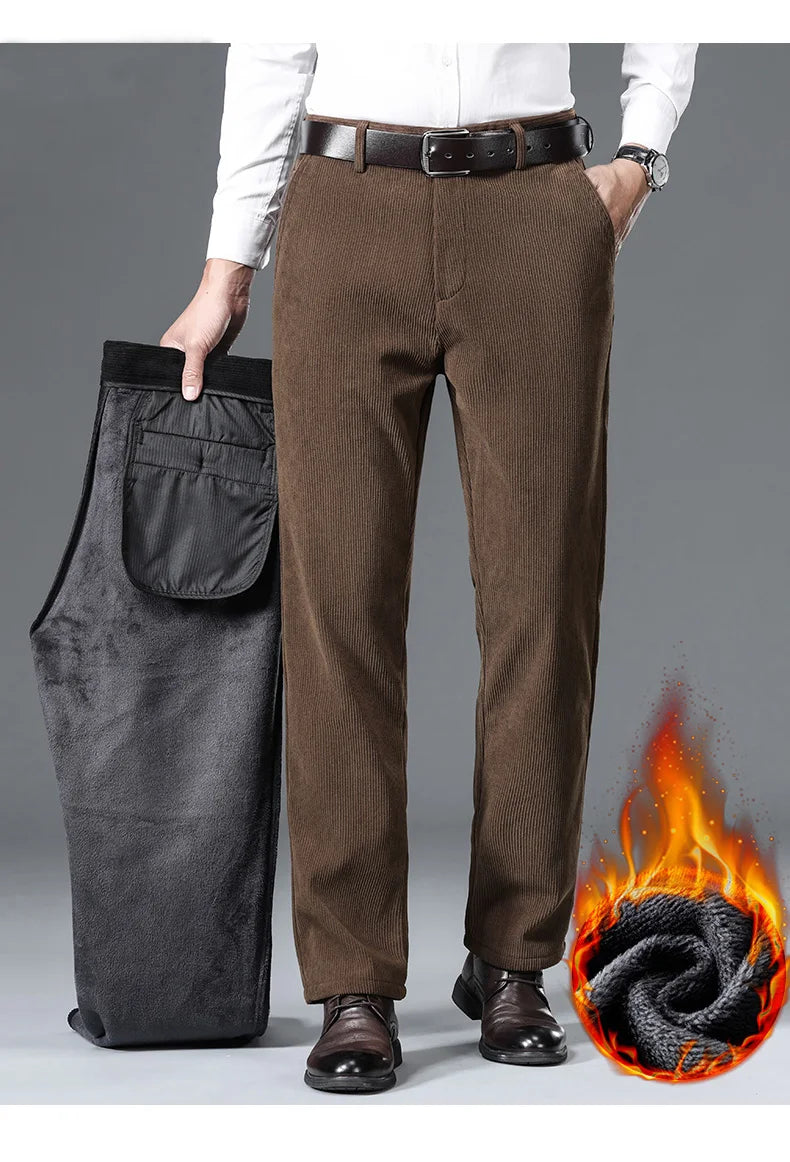 Winter New Corduroy Thick Pants Men's Fleece Fashion Business Straight Trousers Brand Comfortable Velvet Warm Plush Loose Pants
