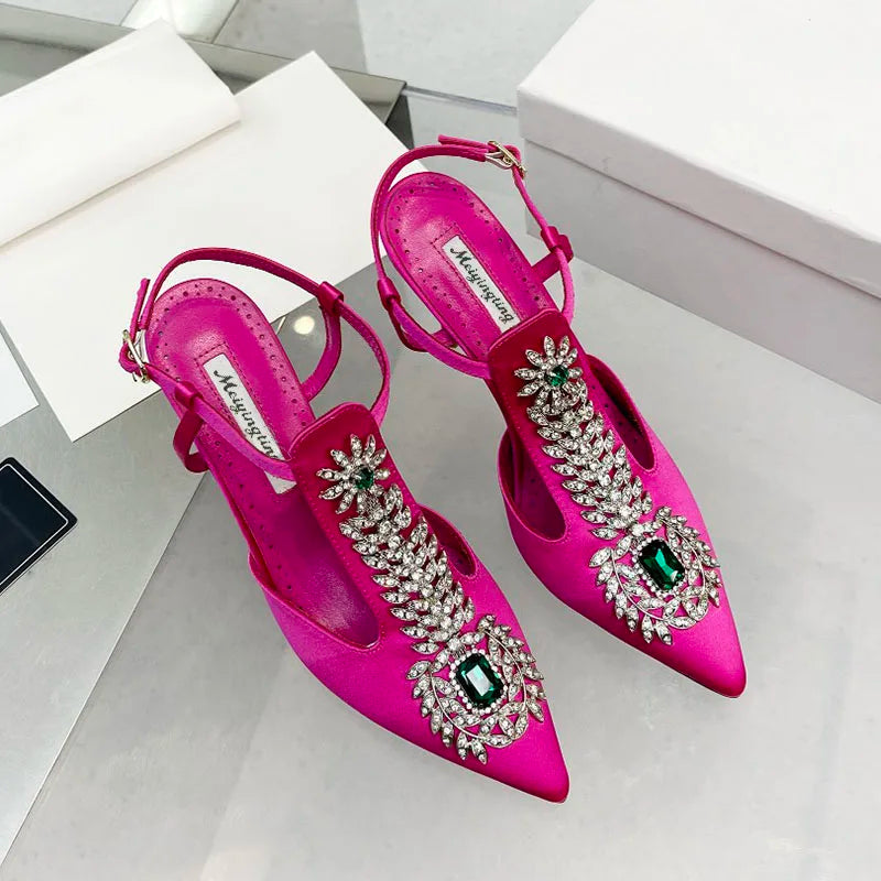Ladies Wedding Shoes Rhinestone Pointed Toe High Heels Satin Gemstone Stiletto Sandals 2022 New Baotou Fairy Pump Wedding Shoes
