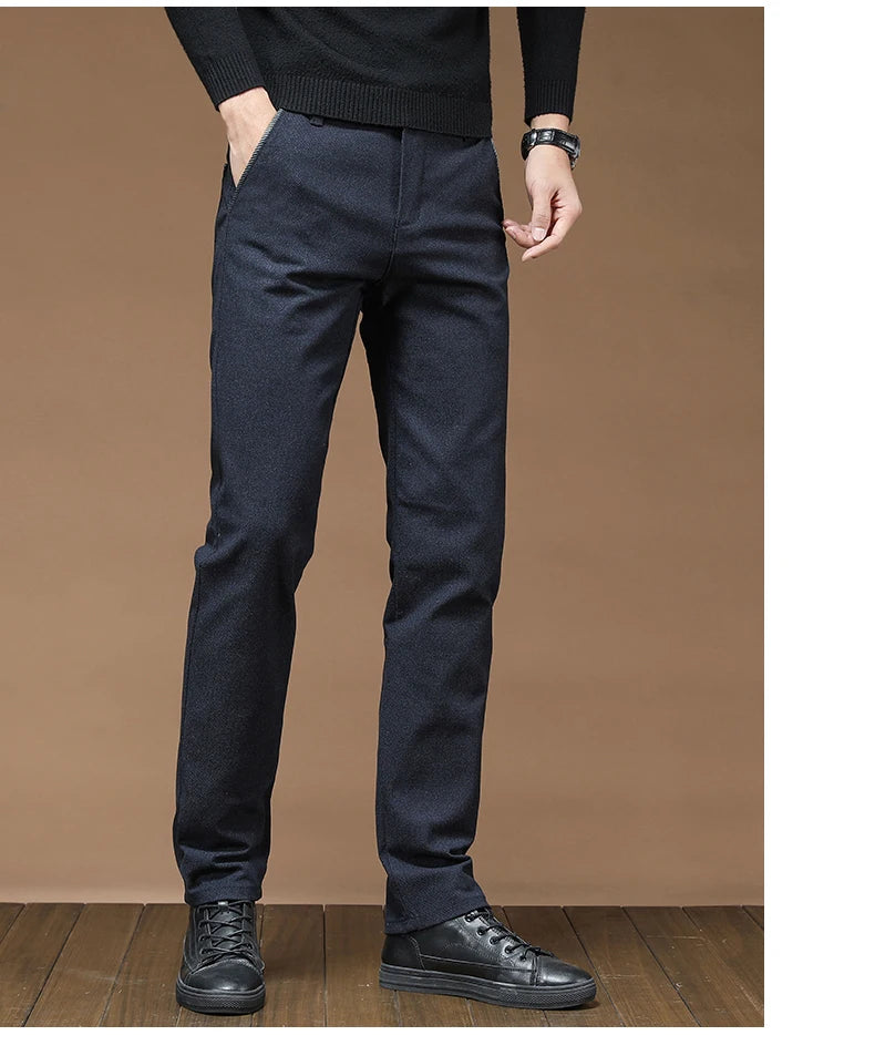 Winter Fashion Thermal Mens Casual Pants Fleece Lined Straight  Business Trousers Versatile Black Gray Blue Brand Trousers