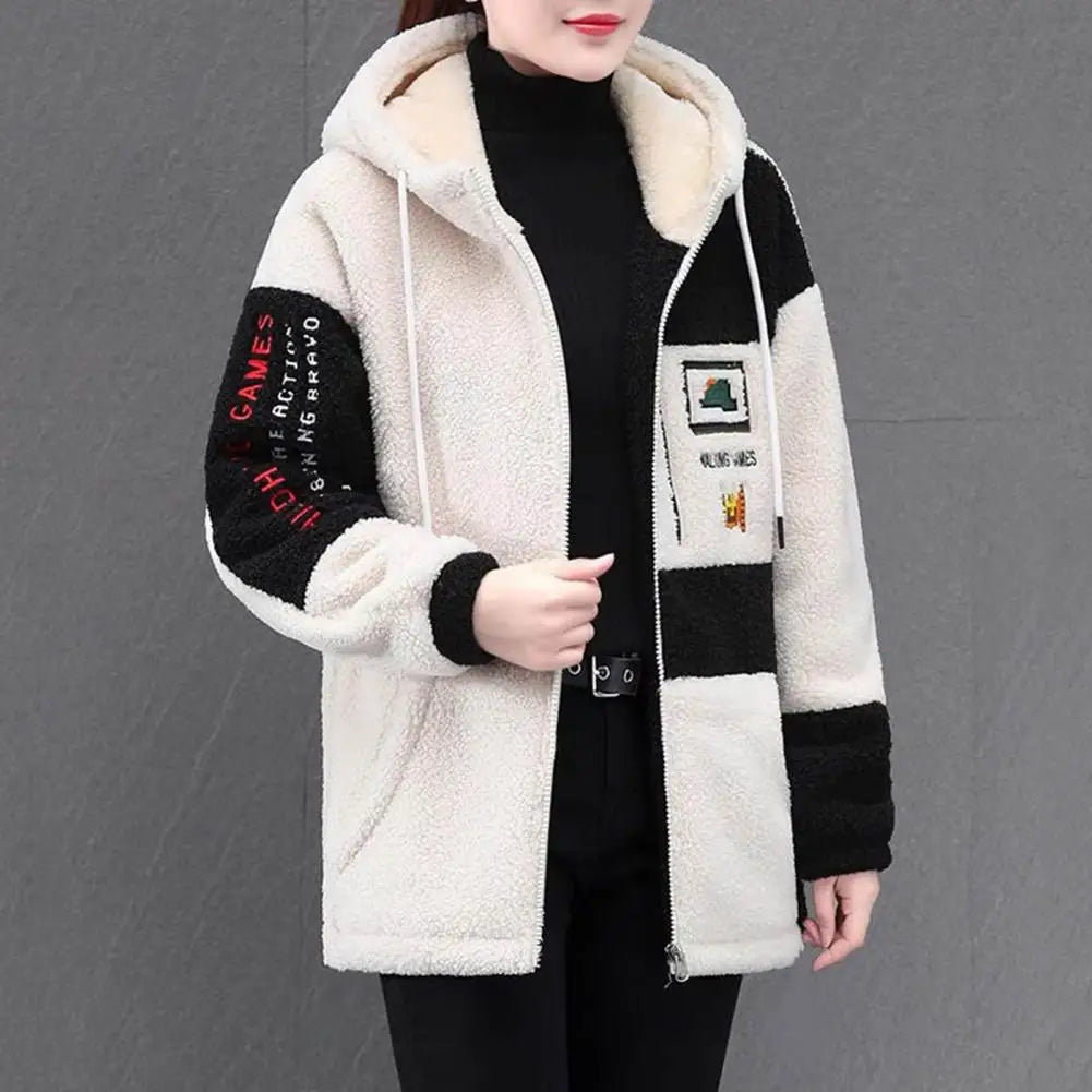 Women Autumn Winter Jacket Hooded Colorblock Thick Plush Long Sleeve Letter Embroidery Drawstring Cardigan Lady Mid Length Coat