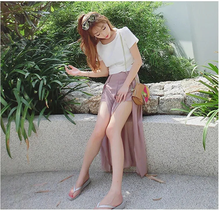 2024 Side Split Shorts Skirt Women's Summer Sweet Slim Chiffon Capris Skirts Female Korean Style Split Tulle Skirt Pants