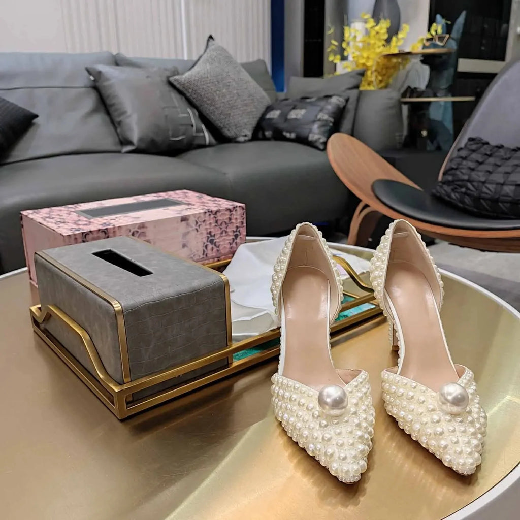 Summer Sandals Classic Women Shoes Round Toe High Heels Pearl Decor Genuine Leather Buckle Strap Women Sandals Sapato Feminino