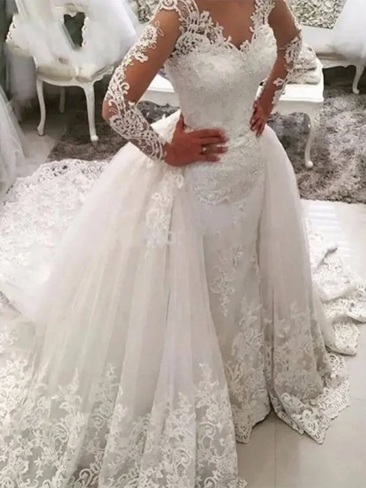 Luxury White 2 in 1 Detachable Mermaid Wedding Dresses 2025 Lace Appliques Saudi Arabia Long Sleeves Bride Gown Vestido De Noiva
