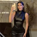 New Fashion Solid Color Leather Stacked Collar Personalized Waist Straightening Sleeveless Top For Women