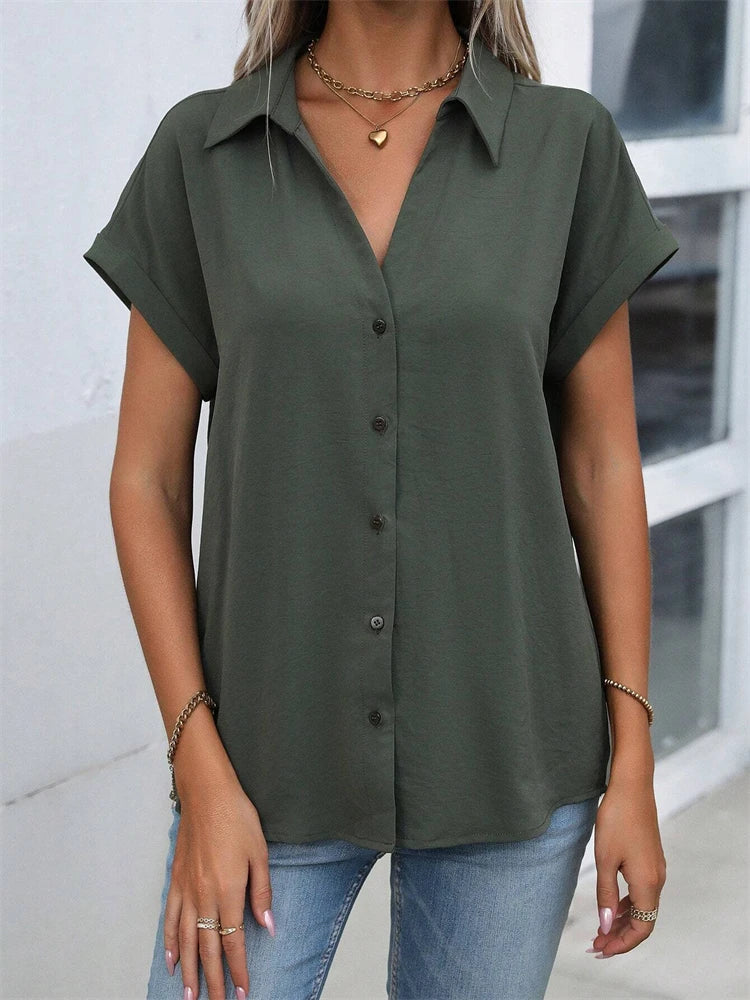 Classic Solid Color Short-sleeved Shirt Women's Summer New Casual Wind Tie Buckle Slim Short-sleeved Shirt Flip Collar Blouse