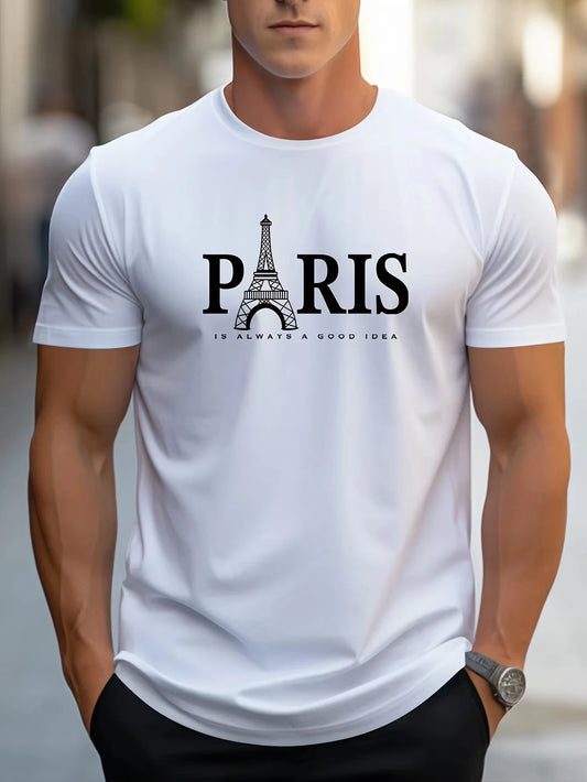 (Uniqlo）Men's 100% Pure Cotton Summer Loose Size Paris Letter Print Comfortable Short Sleeved T-Shirt Top Men Clothing Tshirt
