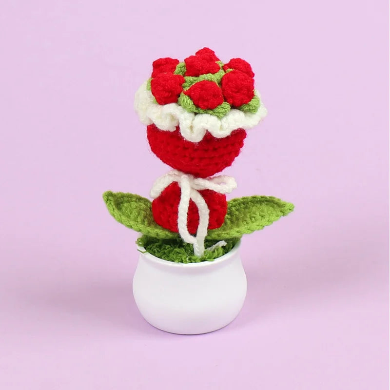 Finished Handmade Crocheted Rose Bridal Bouquet Potted Car Decoration Simulation Wool Flowers Office Decoration Creative